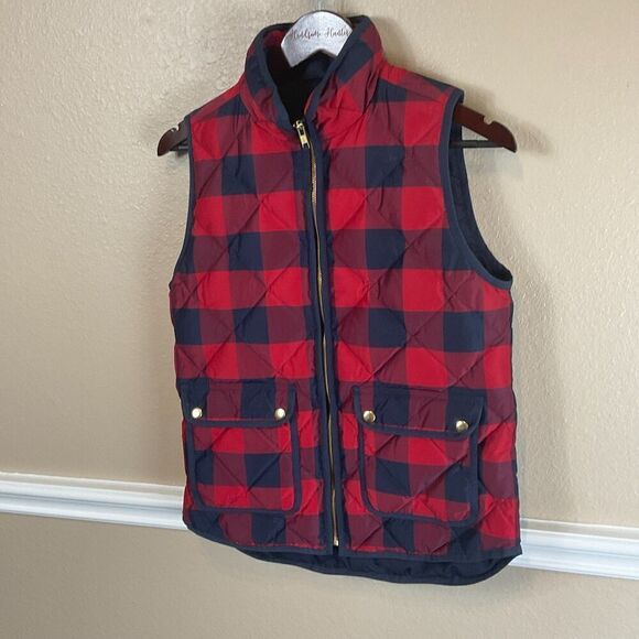 J Crew Navy Red Plaid Quilted Down Puffer Vest Sz XS Womens Zip Front Pockets U - Picture 2 of 12
